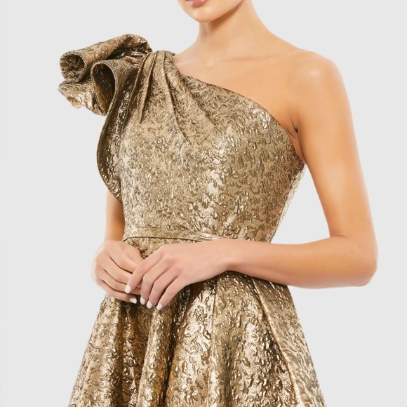 Mac Duggal Gold One Shoulder Bow Midi Dress Size 8 - Picture 3 of 6